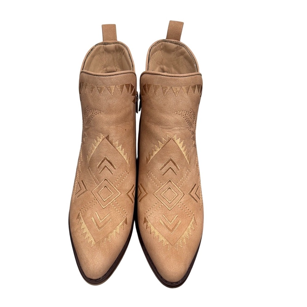 Tan Embroidered Western Ankle Boots Pointed Toe Block Heel 8.5